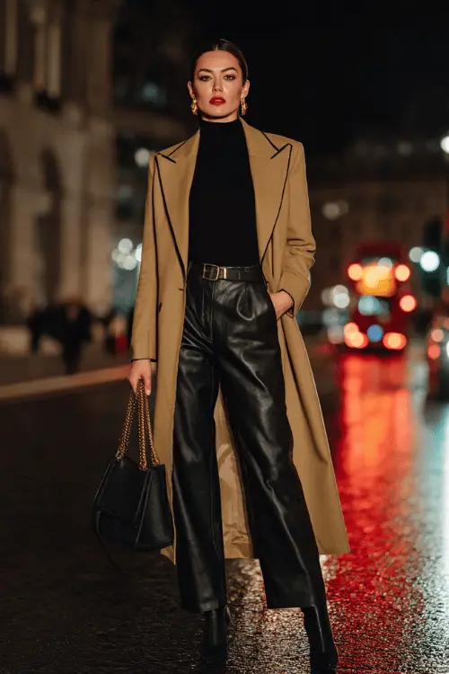 woman in her 40s wearing a classic camel tailored longline coat with edgy oversized lapels and bold black contrast stitching details over a fitted black mock-neck bodysuit