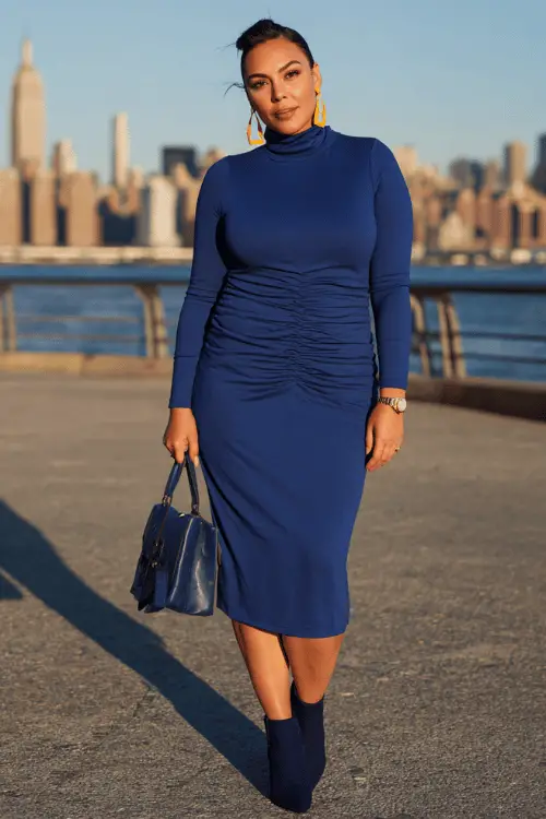 woman in her 40s wearing a classic long-sleeve turtleneck midi dress in deep cobalt blue ponte fabric with a flattering ruched waist detail 