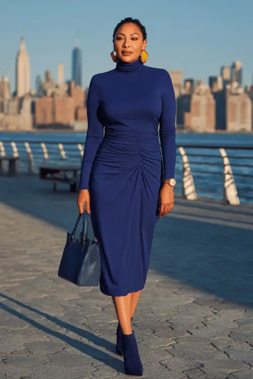 woman in her 40s wearing a classic long-sleeve turtleneck midi dress in deep cobalt blue ponte fabric with a flattering ruched waist detail 