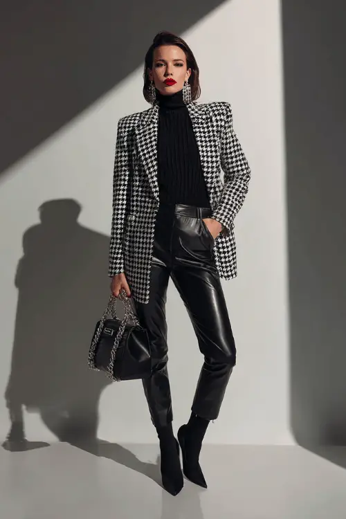 woman in her 40s wearing a classic tailored black and white bold houndstooth pattern long-line blazer with edgy oversized lapels and sharp structured shoulders over a fitted black ribbed turtleneck