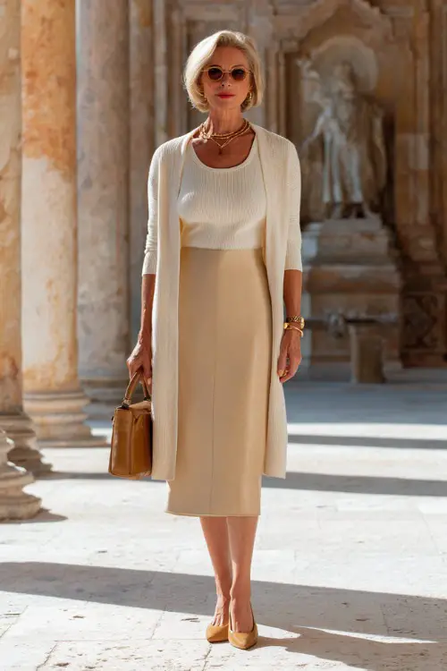 woman in her 50s wearing a classic cream cashmere twinset a fitted short-sleeve knit top and a matching long open cardigan paired with a high-waisted tailored A-line midi skirt in soft came