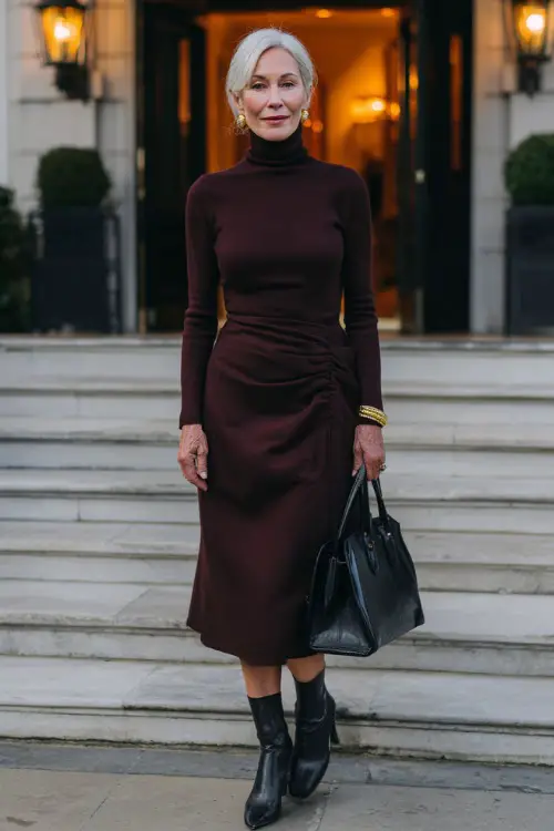 woman in her 50s wearing a classic long-sleeve turtleneck midi dress in rich burgundy wool with a fitted silhouette, subtle ruching at the waist 