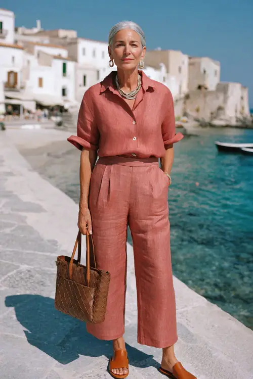 woman in her 50s wearing a classic matching linen co-ord set in warm coral tone a relaxed short-sleeve button-down shirt and tailored wide-leg trousers 
