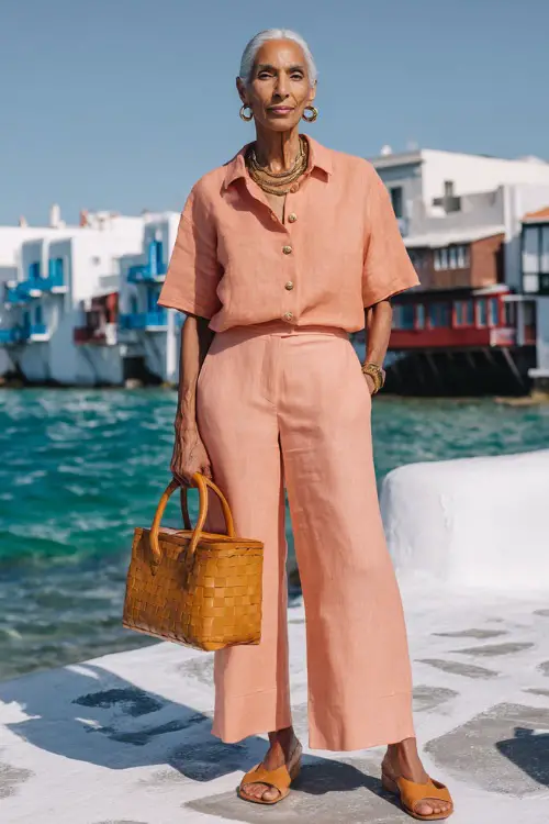 woman in her 50s wearing a classic matching linen co-ord set in warm coral tone a relaxed short-sleeve button-down shirt and tailored wide-leg trousers 
