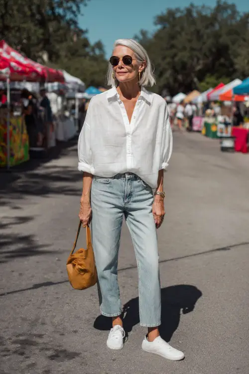 woman in her 50s wearing a classic relaxed-fit white linen button-down shirt tucked loosely into high-waisted straight-leg light wash denim jeans 