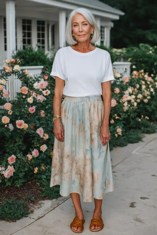 woman in her 50s wearing a classic relaxed white cotton oversized crewneck t-shirt tucked loosely into a high-waisted flowing midi skirt in a soft watercolor floral print