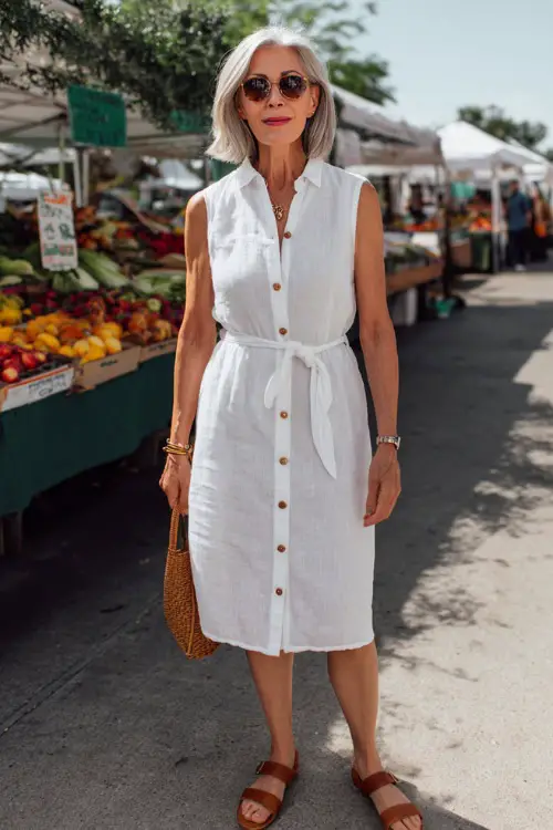 woman in her 50s wearing a classic sleeveless linen button-down shirt dress in soft white with a casual self-tie waist belt and a modest knee-length hemline