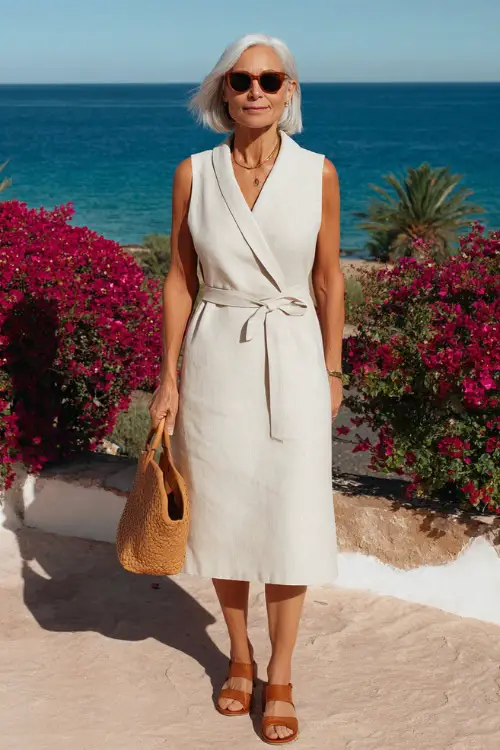 woman in her 50s wearing a classic sleeveless linen wrap dress in soft ivory with a flattering belted waist and a modest knee-length hemline 
