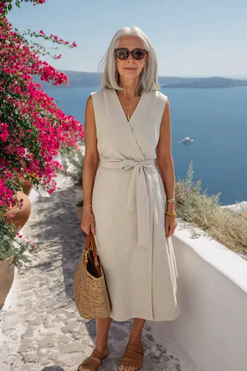 woman in her 50s wearing a classic sleeveless linen wrap dress in soft ivory with a flattering belted waist and a modest knee-length hemline