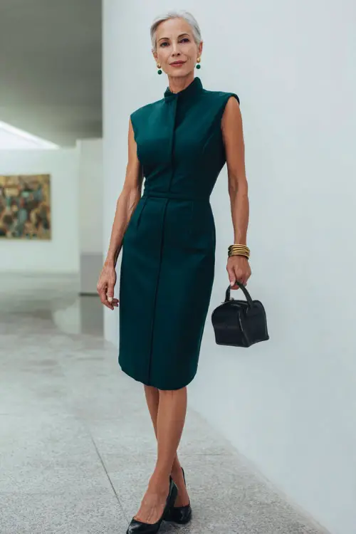 woman in her 50s wearing a classic sleeveless sheath dress in deep emerald green wool crepe with a modest neckline, a fitted silhouette, and a knee-length hemline