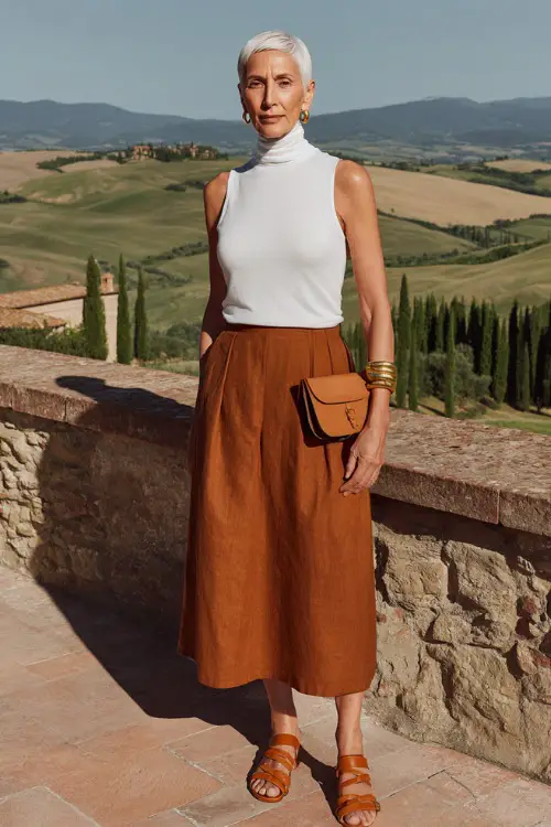 woman in her 50s wearing a classic sleeveless turtleneck knit top in crisp white tucked into a high-waisted A-line midi skirt in soft terracotta linen 
