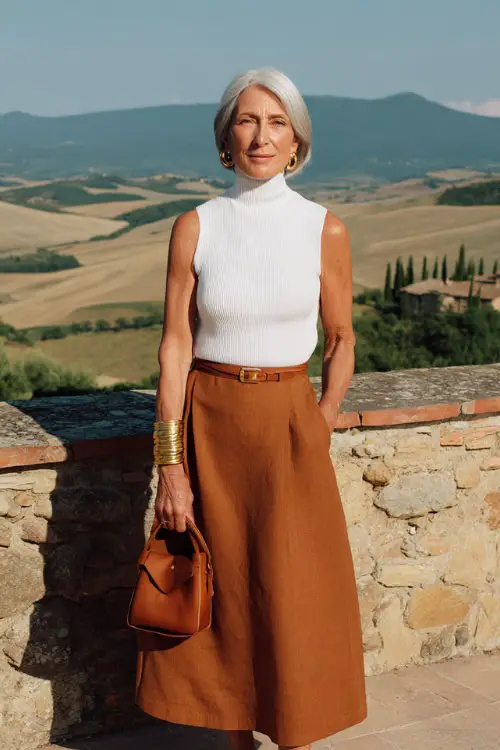 woman in her 50s wearing a classic sleeveless turtleneck knit top in crisp white tucked into a high-waisted A-line midi skirt in soft terracotta linen 