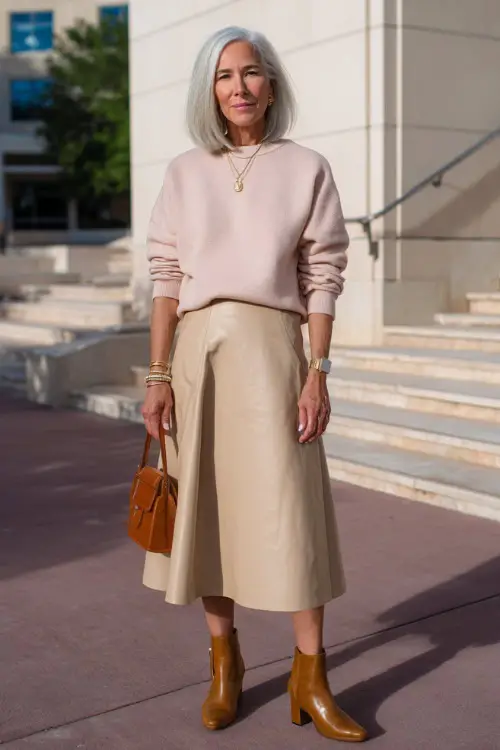 woman in her 50s wearing a classic soft blush pink relaxed-fit crewneck sweatshirt tucked into a high-waisted A-line midi skirt in warm camel wool
