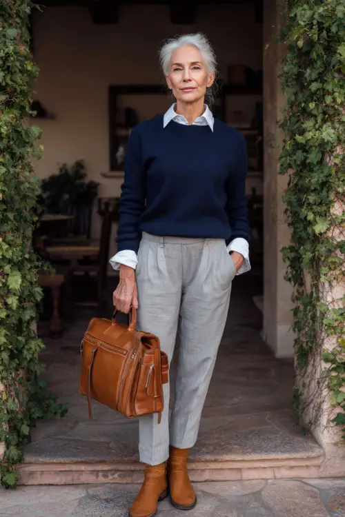 woman in her 50s wearing a classic soft navy blue crewneck cashmere sweater layered over a crisp white collared shirt with the collar neatly folded out