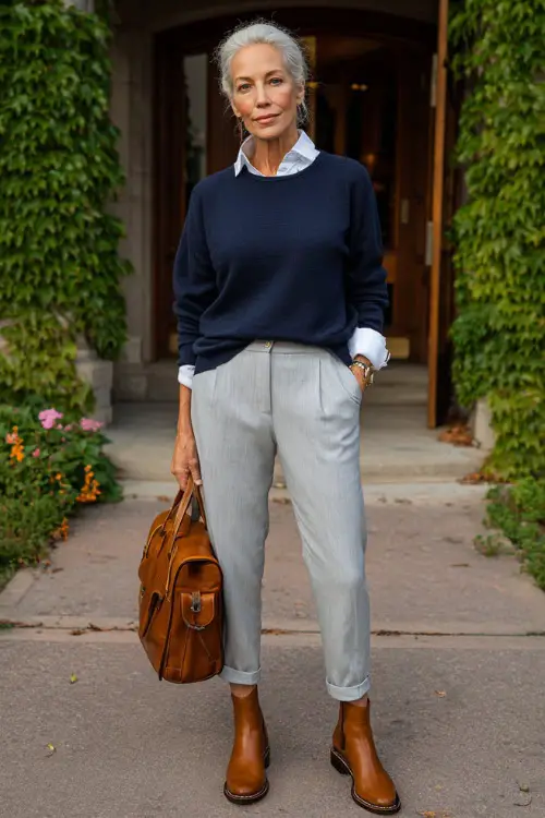woman in her 50s wearing a classic soft navy blue crewneck cashmere sweater layered over a crisp white collared shirt with the collar neatly folded out