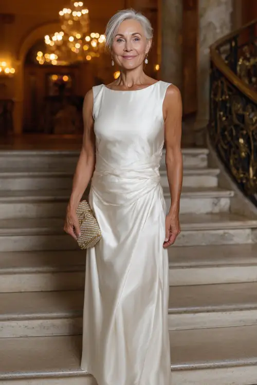 woman in her 50s wearing a tailored floor-length sleeveless gown in rich ivory silk with subtle ruching at the waist and a graceful flowing skirt, 