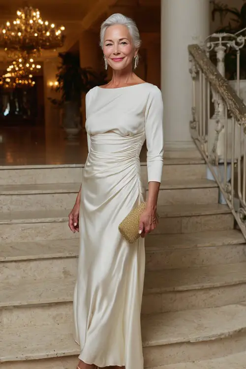woman in her 50s wearing a tailored floor-length sleeveless gown in rich ivory silk with subtle ruching at the waist and a graceful flowing skirt,