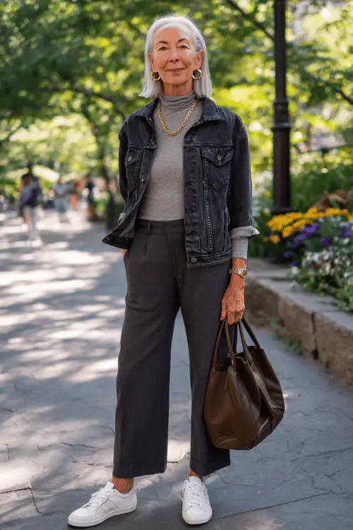 woman in her 60s wearing a classic dark wash straight-leg denim jacket worn open over a soft grey fitted mock-neck top and well-tailored straight-leg dark charcoal trousers 