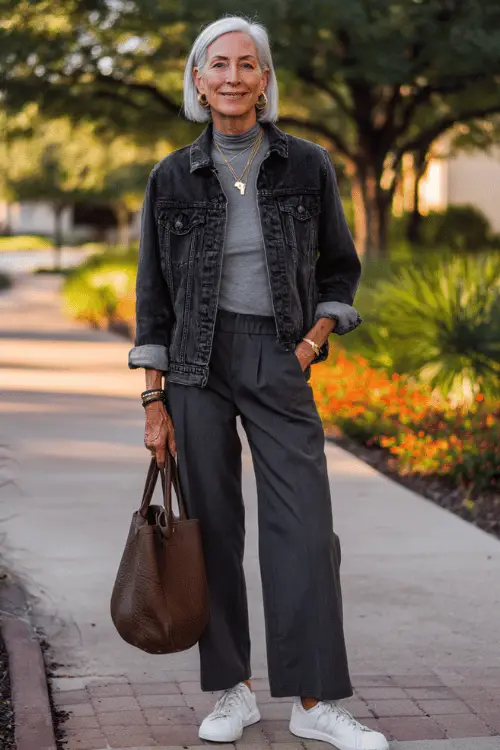 woman in her 60s wearing a classic dark wash straight-leg denim jacket worn open over a soft grey fitted mock-neck top and well-tailored straight-leg dark charcoal trousers