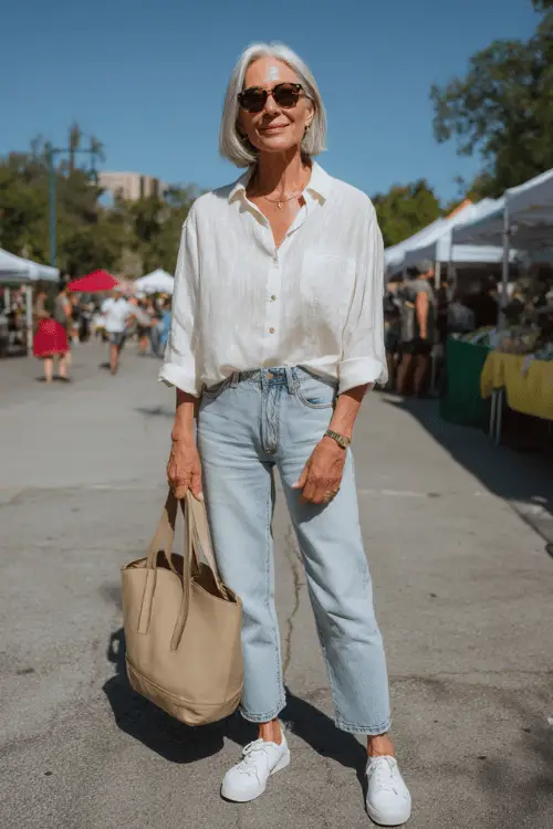 woman in her 60s wearing a classic relaxed-fit soft ivory linen button-down shirt tucked loosely into high-waisted straight-leg light wash denim jeans 