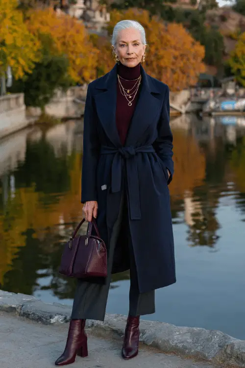 woman in her 60s wearing a classic soft deep navy blue wool wrap coat with a wide lapel collar and a self-tie belt at the waist over a fitted burgundy ribbed turtleneck 