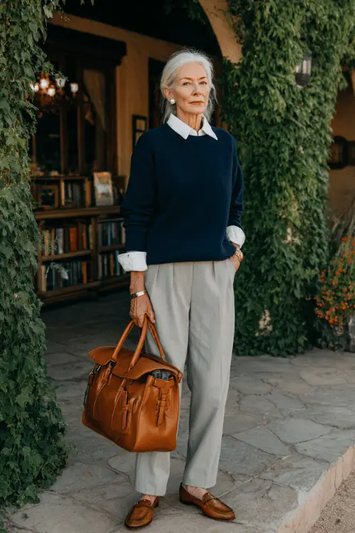 woman in her 60s wearing a classic soft navy blue crewneck cashmere sweater layered gracefully over a crisp white collared shirt with the collar neatly folded ou