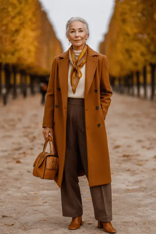 woman in her 60s wearing a classic tailored double-breasted wool coat in rich camel tone over a fitted soft ivory turtleneck and well-tailored straight-leg dark charcoal trousers 