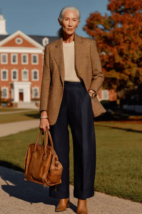 woman in her 60s wearing a classic well-tailored herringbone blazer in brown over a fitted soft ivory crew-neck cashmere sweater and straight-leg dark navy tailored trousers