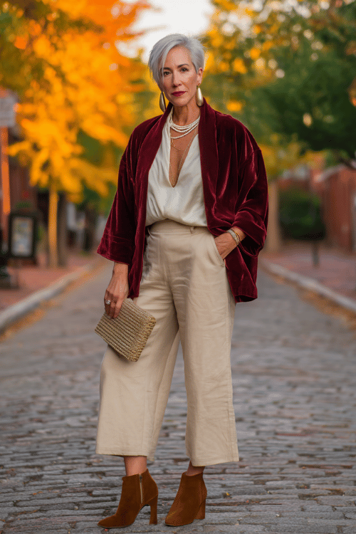 woman in her early 50s with short silver hair wearing a rich burgundy velvet kimono jacket over a cream silk blouse and wide-leg tailored trousers in warm camel, layered pearl and gold chain neckl