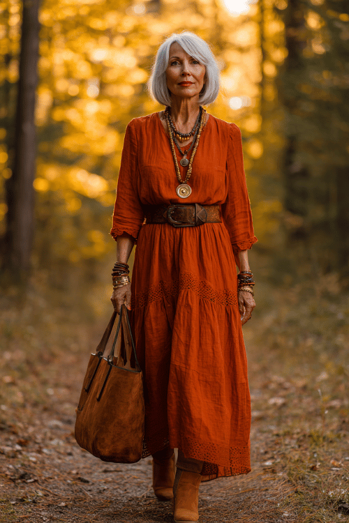 woman in her early 50s with silver bob hair wearing a flowing rust-orange maxi dress with long sleeves and delicate lace trim, a wide brown leather belt cinching the waist, layered gold