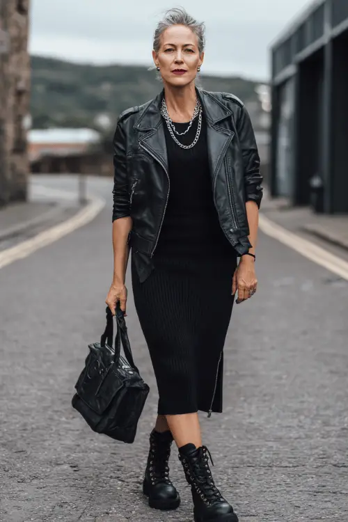 woman in her mid-40s dressed in a classic edgy monochrome all-black outfit featuring an oversized structured moto-style leather jacket over a fitted black ribbed midi dress