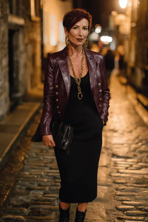 woman in her mid-40s dressed in a classic edgy outfit featuring a sharp structured deep burgundy leather blazer with bold gold hardware button detailing over a fitted black ribbed midi dress