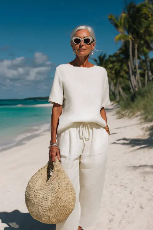 woman in her mid-50s dressed in a classic monochrome all-white summer casual ensemble featuring a relaxed short-sleeve linen crewneck top and matching wide-leg linen drawstring trousers