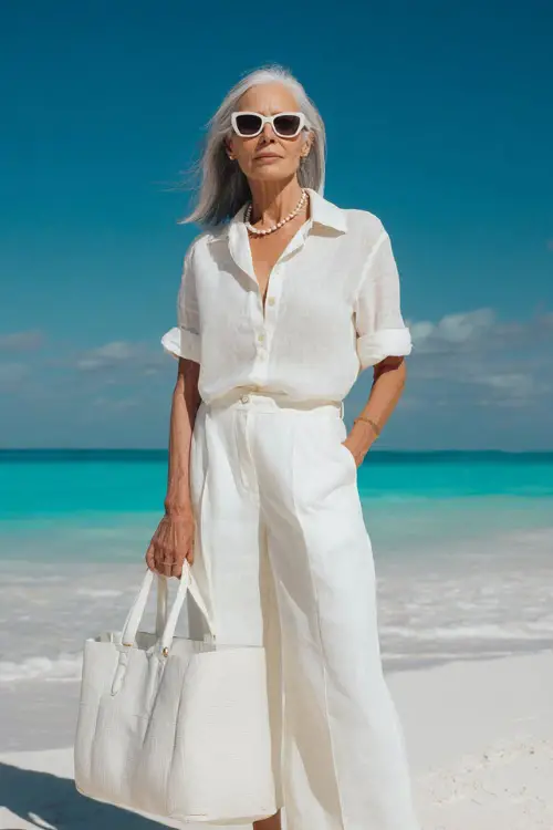 woman in her mid-50s dressed in a classic monochrome all-white summer ensemble featuring a relaxed linen short-sleeve button-down shirt tucked into tailored wide-leg linen trousers 