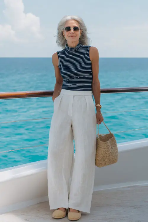 woman in her mid-50s dressed in a classic navy blue and white striped sleeveless linen top tucked into high-waisted wide-leg white linen trousers