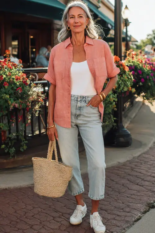 woman in her mid-50s dressed in a classic soft coral pink short-sleeve linen shirt worn casually open over a fitted white tank top and high-waisted light wash straight-leg denim jeans