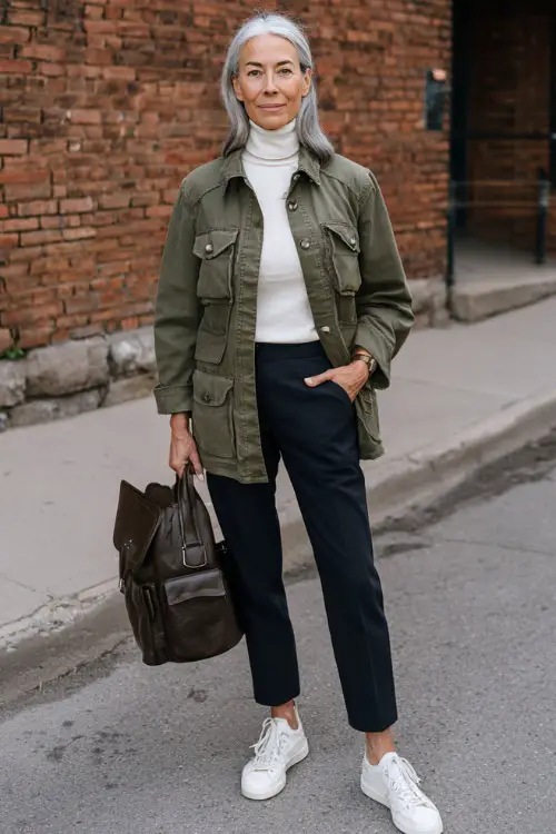 woman in her mid-50s dressed in a classic soft olive green utility jacket worn over a fitted white turtleneck and high-waisted dark navy slim straight trousers