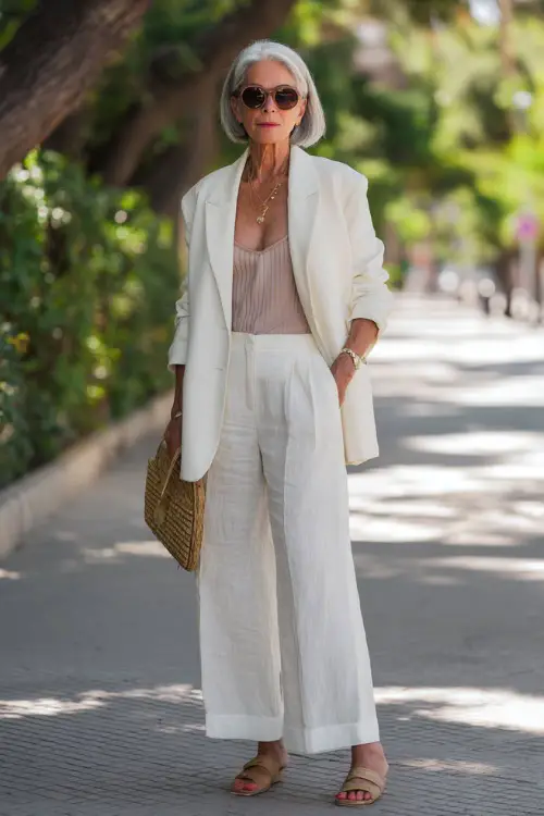 woman in her mid-50s dressed in a classic white linen oversized blazer worn over a fitted soft blush camisole and tailored white wide-leg linen trousers 