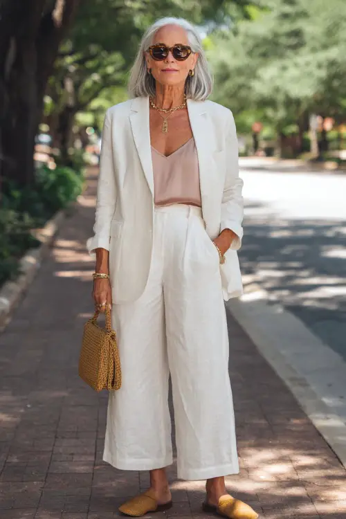 woman in her mid-50s dressed in a classic white linen oversized blazer worn over a fitted soft blush camisole and tailored white wide-leg linen trousers