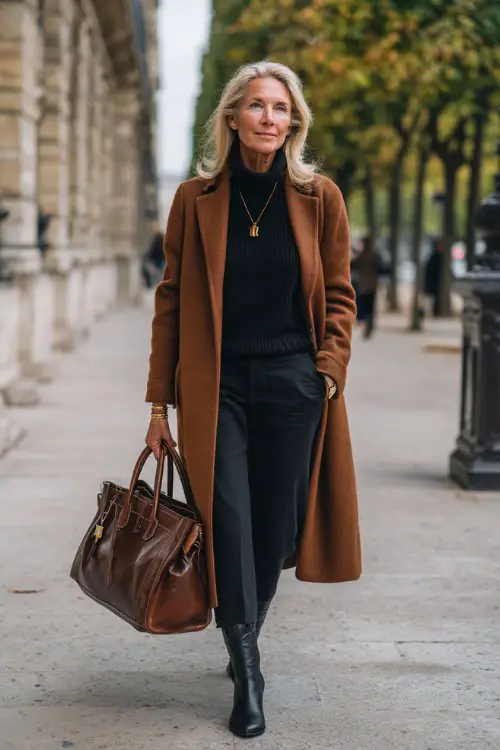 woman in her mid-50s dressed in a luxurious long structured wool coat in rich caramel tone worn over a classic black polo-neck sweater and tailored slim black trouser 