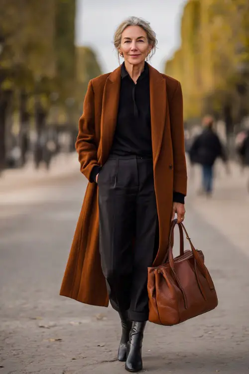 woman in her mid-50s dressed in a luxurious long structured wool coat in rich caramel tone worn over a classic black polo-neck sweater and tailored slim black trouser