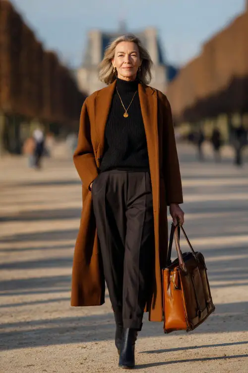 woman in her mid-50s dressed in a luxurious long structured wool coat in rich caramel tone worn over a classic black polo-neck sweater and tailored slim black trousers