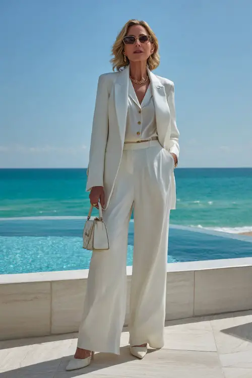 woman in her mid-50s dressed in a stunning classic monochrome all-white ensemble featuring a tailored long structured blazer 