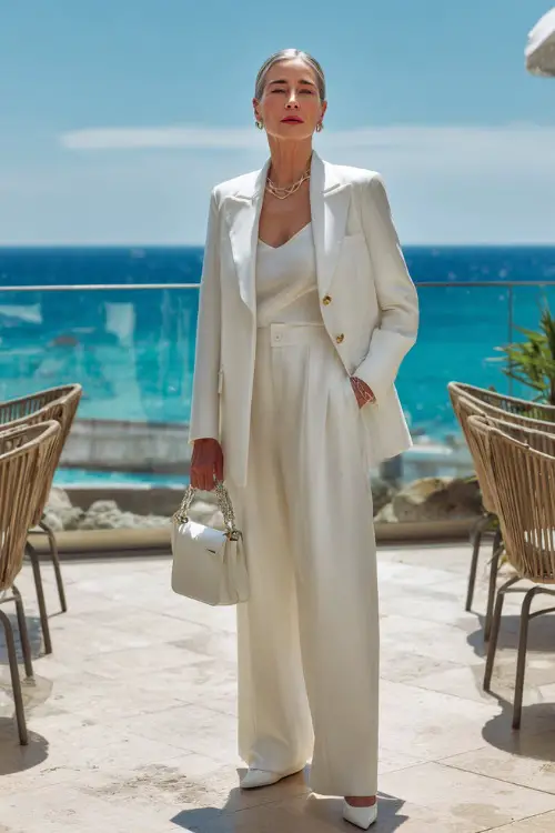 woman in her mid-50s dressed in a stunning classic monochrome all-white ensemble featuring a tailored long structured blazer