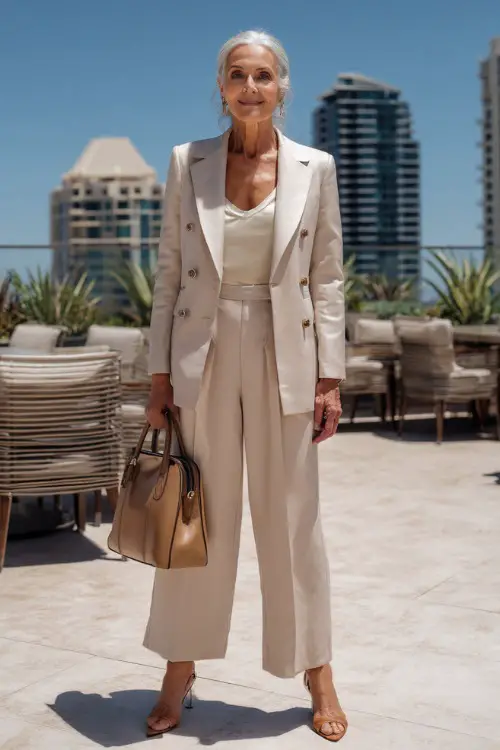 woman in her mid-50s wearing a classic tailored double-breasted blazer and matching wide-leg trouser suit in soft champagne tone, paired with a fitted silk camisole underneath in ivor