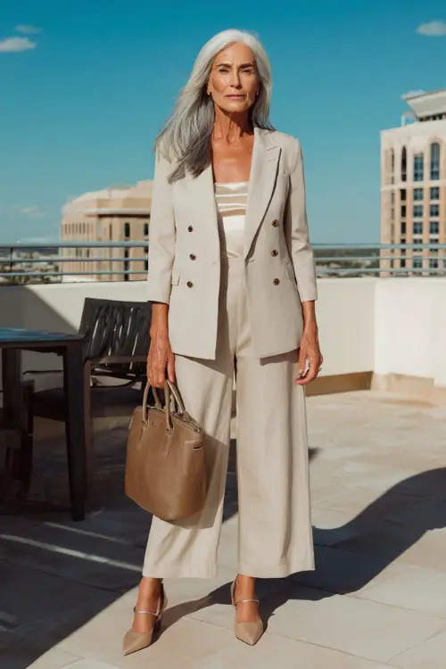 woman in her mid-50s wearing a classic tailored double-breasted blazer and matching wide-leg trouser suit in soft champagne tone, paired with a fitted silk camisole underneath in ivory