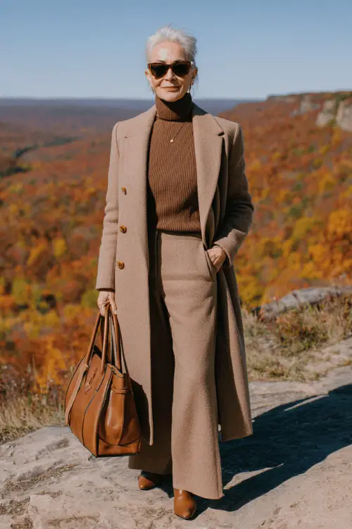 woman in her mid-60s dressed in a classic monochrome all-camel fall ensemble featuring a relaxed ribbed knit long-sleeve turtleneck, tailored wide-leg wool trousers 