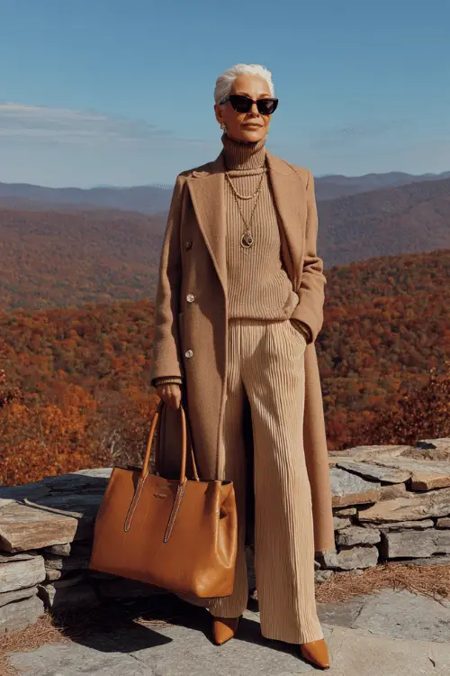 woman in her mid-60s dressed in a classic monochrome all-camel fall ensemble featuring a relaxed ribbed knit long-sleeve turtleneck, tailored wide-leg wool trousers