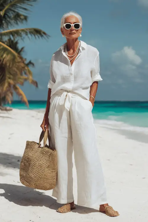 woman in her mid-60s dressed in a classic monochrome all-white casual ensemble featuring a relaxed linen short-sleeve button-down shirt tucked loosely into matching wide-leg linen trousers 