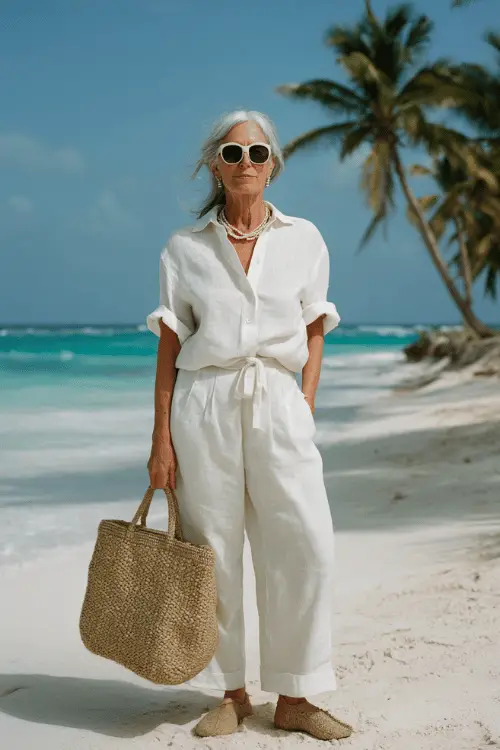 woman in her mid-60s dressed in a classic monochrome all-white casual ensemble featuring a relaxed linen short-sleeve button-down shirt tucked loosely into matching wide-leg linen trousers